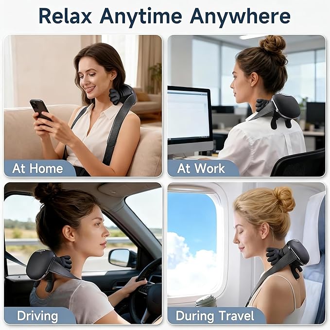Neck Massager with Heat 4D Shiatsu Neck and Shoulder Massager with Hands &amp Fingers Bionic Hand-Like Kneading Deep Tissue Relief Wireless Portable for Home Office Travel Gift for Men Women (Bl