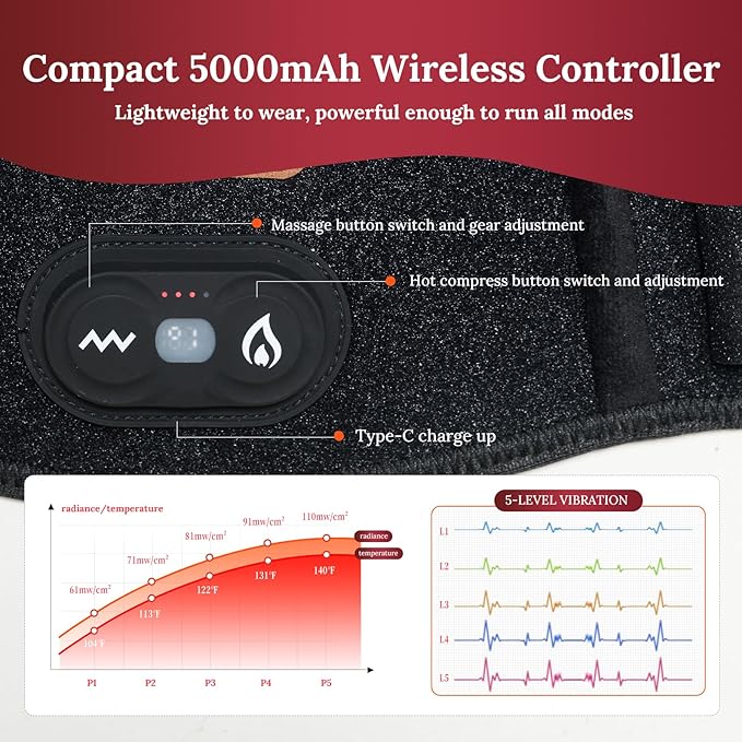 Red Light Therapy Wrap with Heat &amp Vibration 660nm 850nm 940nm Near Infrared Wireless 5000mAh Controller 30‑Min Auto‑Off for Knee Elbow Shoulder (BLACK-1-PACK)