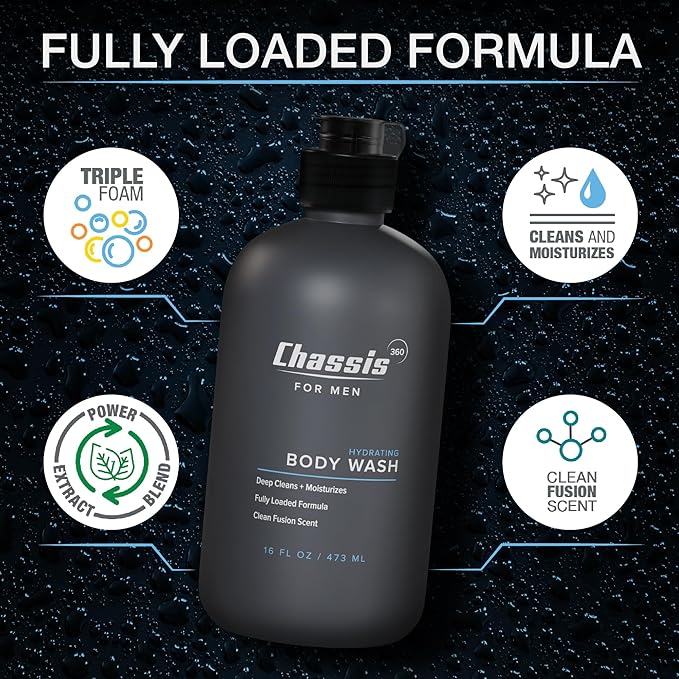 Chassis 360 Hydrating Men’s Body Wash &amp All-In-One Face Moisturizer Bundle – Triple Foam Body Cleanser + Vitamin C Niacinamide &amp Hyaluronic Acid Moisturizer