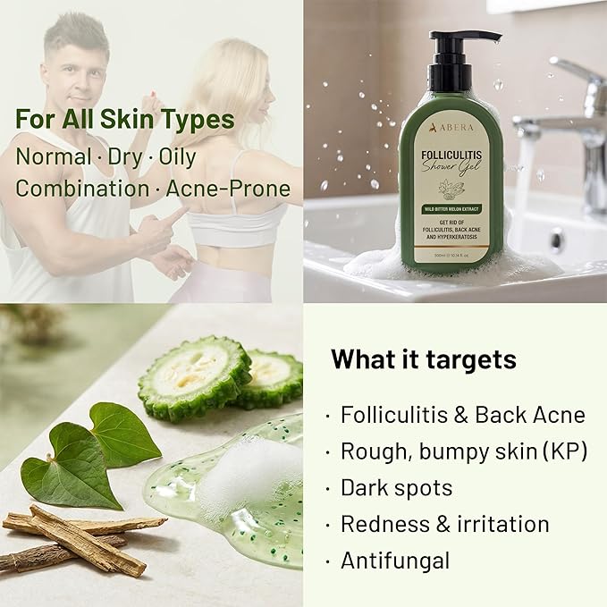 ABERA High-Performance Folliculitis Body Wash with Wild Bitter Melon Extract BHA Shower Gel Reduces Back Acne &amp Keratosis Pilaris Folliculitis Treatment Acne Body Wash for Sensitive Skin 10.1