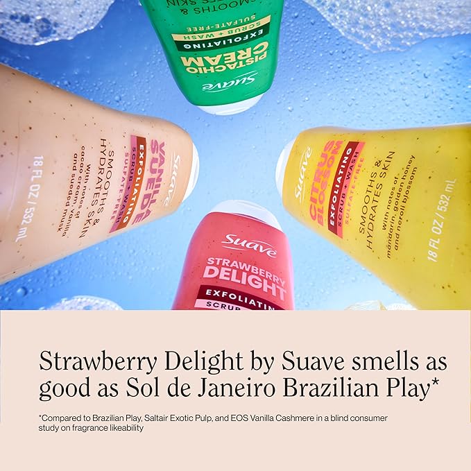 Suave Strawberry Delight Exfoliating Body Wash &amp Scrub with Glycerin &amp Vitamin E Sulfate-Free Hydrating Cleanser for Soft Smooth Skin 18 FL OZ Pack of 6