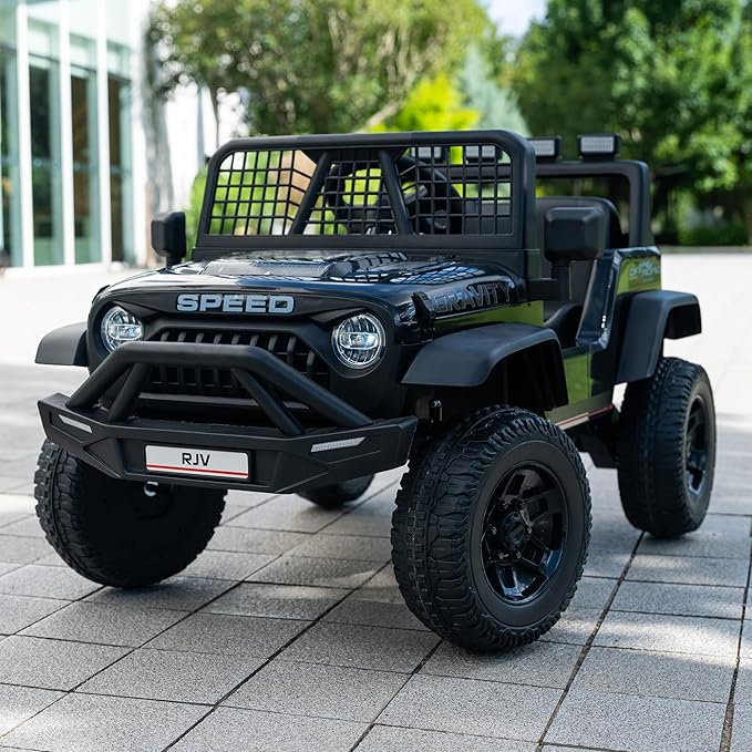 12V 7AH 4WD Kids Ride-On Truck Electric Off-Road Car with Remote &amp Pedal Control LED Lights Music USB Safety Belt 4-Wheel Suspension Adjustable Speeds Outdoor Gift for Boys Girls Black
