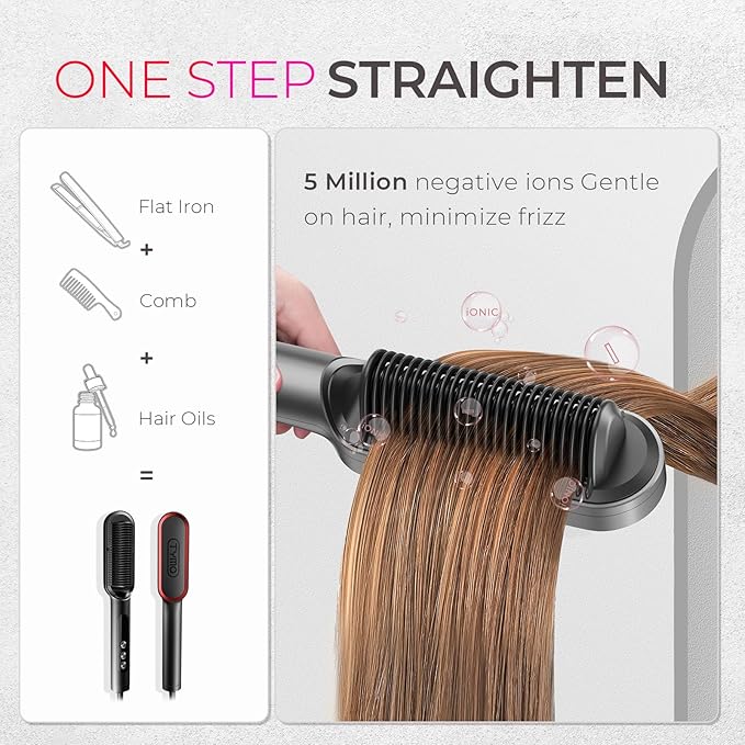 TYMO Ring Plus Ionic Hair Straightener Brush - Straightening Comb with Negative Ions for Women Titanium Coating 9 Temp Settings &amp LED Display Dual Voltage Professional Styling Tools