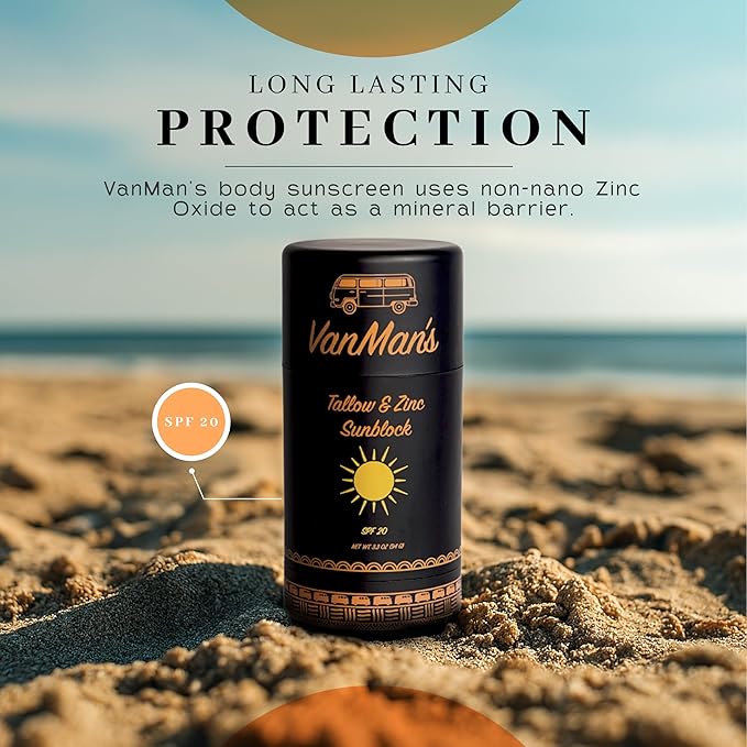 Vanman Tallow and Zinc Sunblock Stick - Mineral Sunscreen with Non-Nano Zinc Oxide - Sunstick Made with Grass Fed Beef Tallow for Face &amp Body Protection - 3.3 ounce