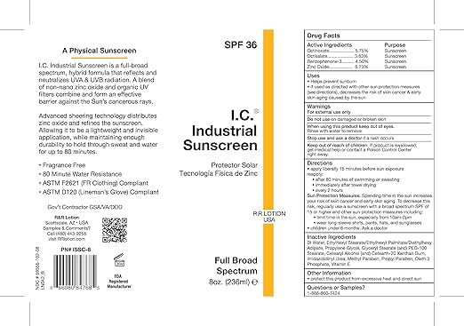 I.C. Industrial Sunscreen Mineral Based SPF 36 Physical Zinc Protection Full Broad Spectrum 80 Minute Sweat &amp Water Resistant Heat Stress Anti-Inflammatory Properties. USA 8oz Bottle (ISSC-8)