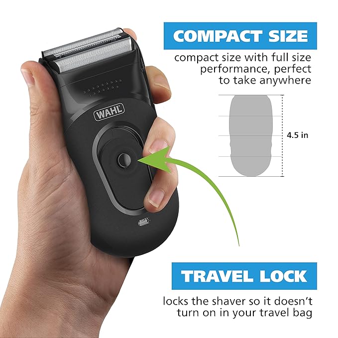 Wahl Compact Rechargeable Lithium Ion Shaver Kit with Hygienic Rinseable Foils &amp Cutter Bar with Dual Flexible Foils That Move with The Contours of Your Face - 7065