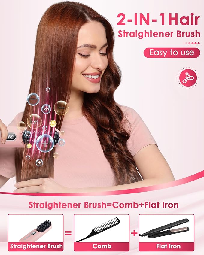LAMA Cordless Hair Straightener Brush - Portable Hair Brush - 20s Fast Heating - 130 Million Plasma for Frizz-Free Shine 9000mAh Mini Hair Straightener Comb for Women Travel LED Display Hot CombPK