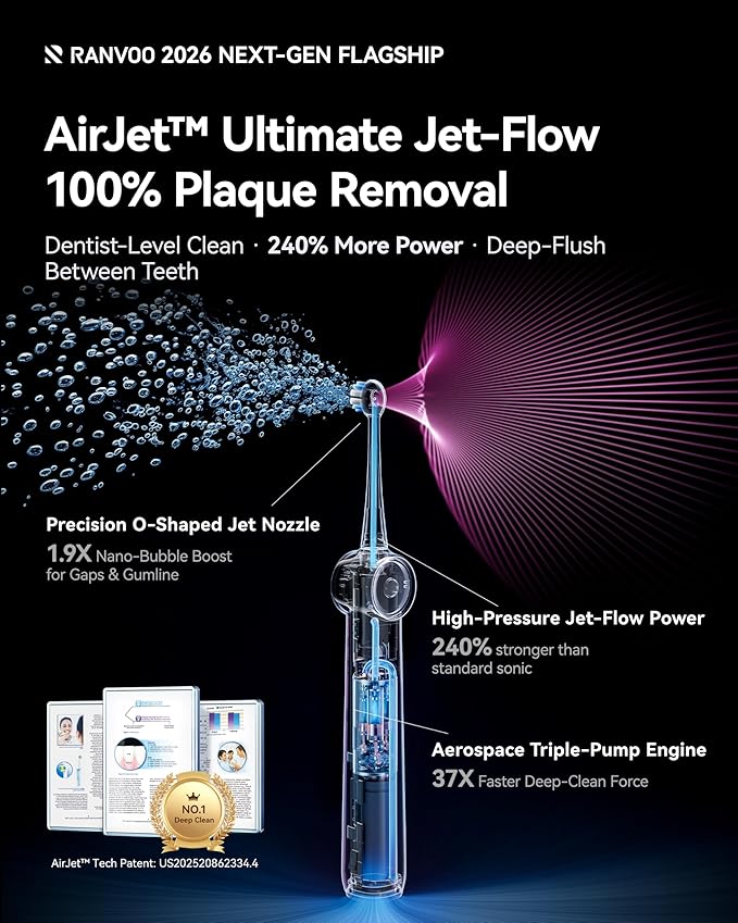RANVOO AirJet X5 [Next-Gen Jet-Flow | Maximum Clean Power] Sonic Electric Toothbrush 100% Plaque Removal Whitening &amp Gum Care 60-Day Battery Life Rechargeable with 3 Pro Brush Heads Ivory Whi
