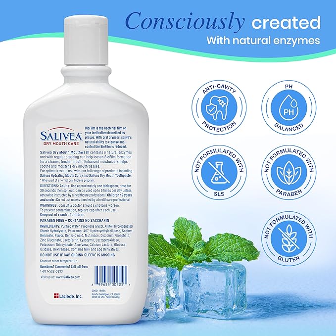 SALIVEA Dry Mouth Mouthwash - Soothing Mint Mouthwash with Natural Salivary Enzymes - Breath Freshener &amp Dry Mouth Care - Mint Flavor (2 Pack)