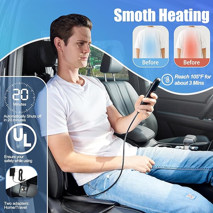 Back Massager with Heat &amp Traction &amp Vibration Seat Massager Pad for Pain Relief Deep Tissue Lumbar Traction PU Leather Foldable for 5’ to 6’1” Massage Chair Pad for Office Home