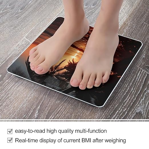 Dusk Tropical Beach Palm Scale for Body Weight Anti-Slip Tempered Glass Digital Bathroom Scales Clear LCD Display Weighing Scale Safe Rounded Corners Smart Scales