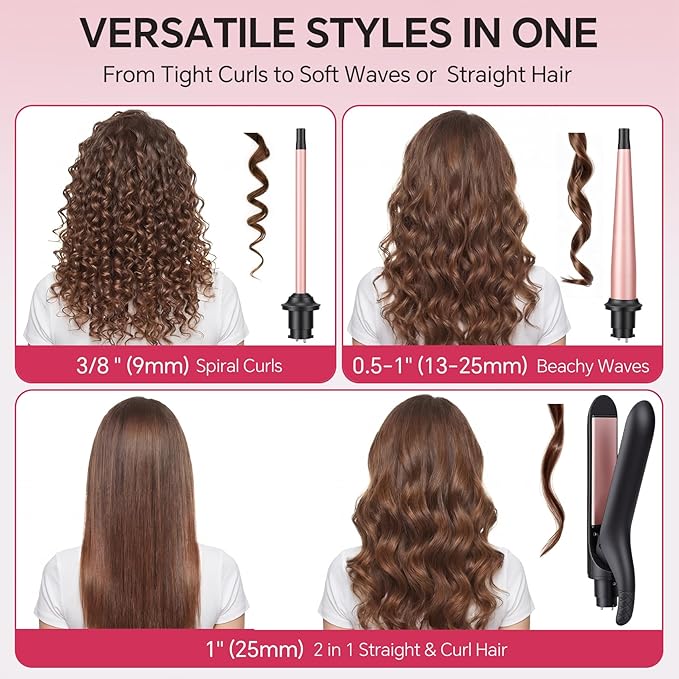 Curling Iron Set 3 in 1 Curling Wand with Interchangeable Ceramic Barrels 0.35 to 1 Inch Flat Iron Hair Straightener 14 Temps Fast Heat Dual Voltage Travel Hair Curler