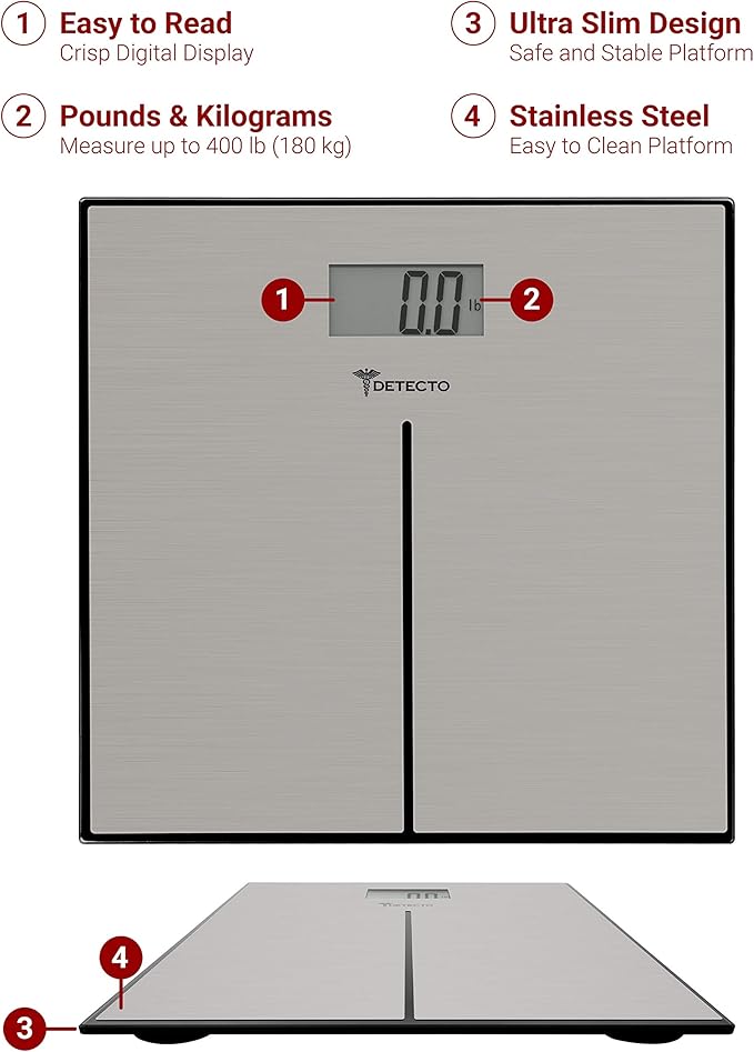 Detecto D133 Deluxe Modern Stainless Steel Body Weight Bathroom Scale Digital LCD Display 400lb Capacity