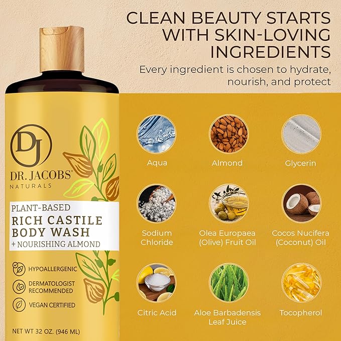 Dr. Jacobs Naturals Pure Castile Soap Liquid Body Wash Almond - Plant Based Castile Soap Infused with Vitamin E and Aloe Vera to Moisturize Dry and Sensitive Skin - Made in The USA - 32 oz Pack of 1
