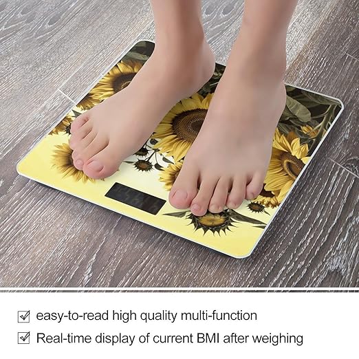 Yellow Sunflower Floral Bathroom Scale for Body Weight Bathroom Weighing Scale with Backlit LCD Display Highly Accurate Measures Weight Up to 180kg