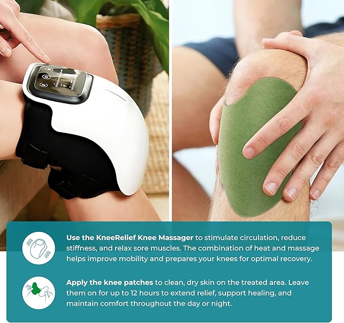 Norelie KneeRelief Massager + Herbal Knee Patches Bundle – 3-in-1 Device with Red Light Vibration &amp Heat Therapy + 12 Herbal Patches for Daily Knee Wellness