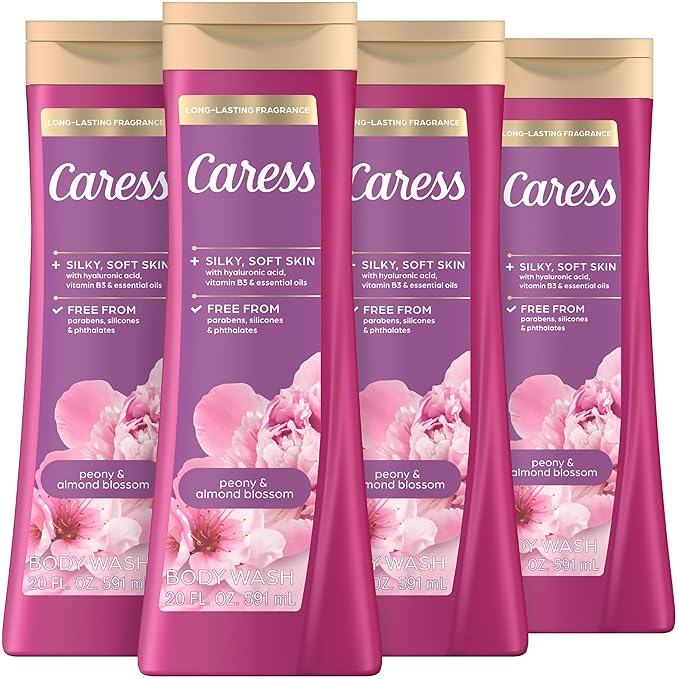 Caress Peony &amp Almond Blossom Body Wash Hyaluronic Acid &amp Vitamin B3 for Moisturized Silky Soft Skin Long-Lasting Floral Bouquet Fragrance 20 fl oz (4 Pack)