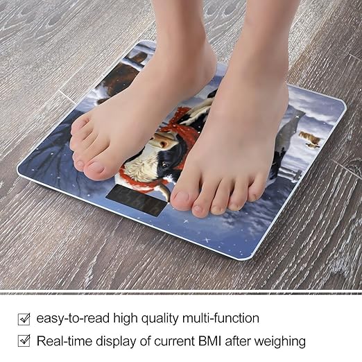 Christmas Snow Cow Scale for Body Weight Safe Rounded Corners Tempered Glass Digital Bathroom Scale LED Display 400lb Capacity Weight Scales with High Precision Sensors