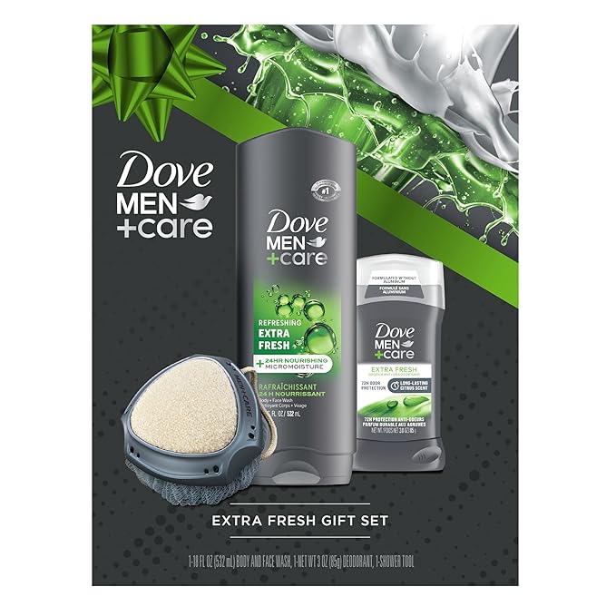 Dove Men+ Care Gift Set – Dove Face + Body Wash Dove Antiperspirant Refreshing Extra Fresh Scent Dove Active Clean Dual-Sided Shower Tool Christmas Gifts for Men (3 Piece Set)