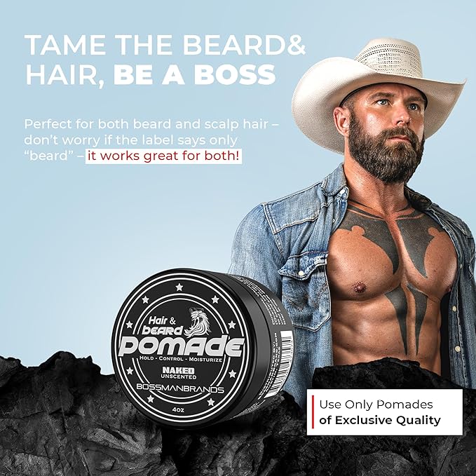 Bossman Hair &amp Beard Pomade for Men (Naked - Unscented) – Medium Hold &amp Moisturizing for Hair Beard &amp Mustache Styling – Made in USA