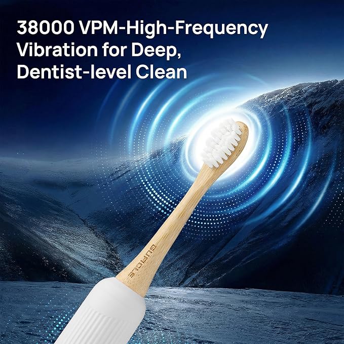Bamboo Electric Toothbrush for Adults Electric Toothbrush with 4 Bamboo Heads Soft Castor Oil Bristles 5 Modes Smart Timer Sonic Technology IPX7 Waterproof 70-Day Battery Life-White