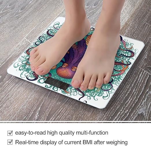 Colorful Octopus Scale for Body Weight Anti-Slip Tempered Glass Digital Bathroom Scales Clear LCD Display Weighing Scale Safe Rounded Corners Smart Scales
