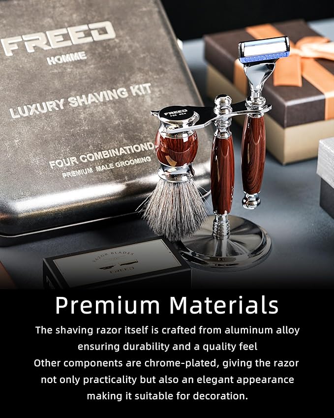 FREED Customized gifts Engraving Luxury Men's 5-Blade Razor set Aluminum Alloy Material incloud 4 Bladesrazor standrazor brushIt's the best gift for men (Purple-Brown)