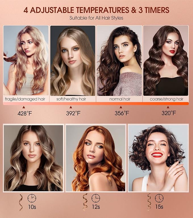 Automatic Curling Iron Professional Automatic Hair Curler with 1 Curling Wand Large Slot &amp 4 Temperature &amp 3 Timer Dual Voltage Anti-Tangle Rotating Curling Iron with Auto Shut-Off for Hair