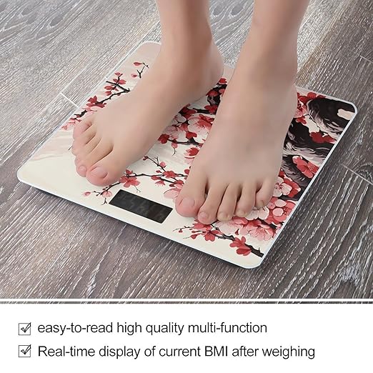 Digital Bathroom Scale for Body Weight Scale with Bright LCD Display High Accuracy Step-On Technology Auto On/Off Japanese Floral Cherry Blossom Digital Scales 400 Lbs /180kg