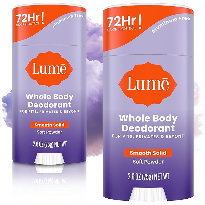 Lume Whole Body Deodorant - Smooth Solid Stick - 72 Hour Odor Control - Aluminum Free Baking Soda Free and Skin Safe - 2.6 Ounce (Pack of 2) (Soft Powder)