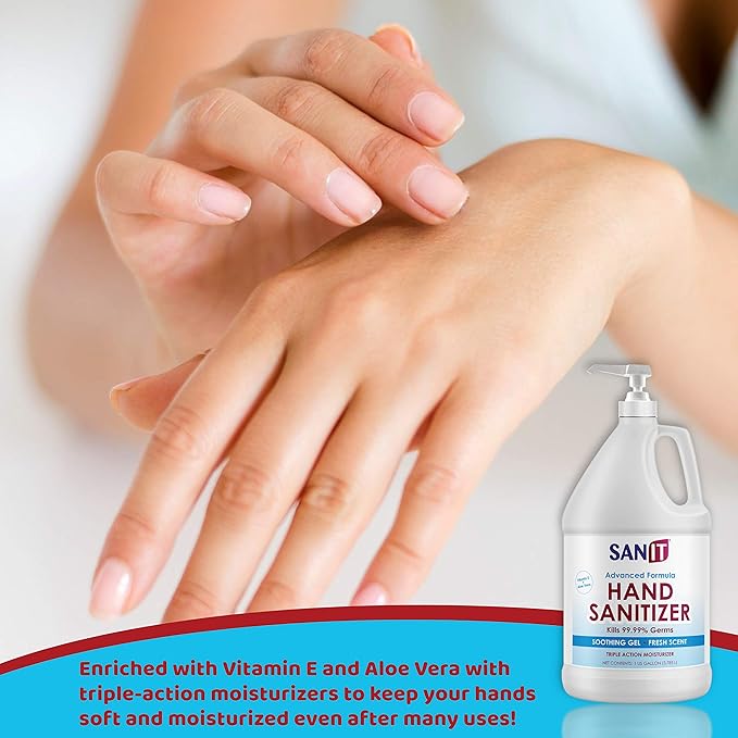 Sanit Moisturizing Hand Sanitizer Gel 70% Alcohol - Kills 99.99% Germs Advanced Formula with Vitamin E and Aloe Vera - Soothing Gel Fresh Scent Made in USA - 1 Gallon with Pump &amp 2oz Refill Bot
