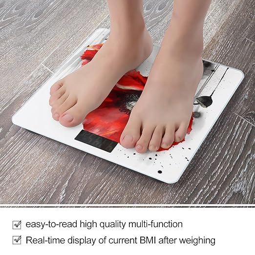 Beautiful Poppy Flower Ink Scale for Body Weight Safe Rounded Corners Tempered Glass Digital Bathroom Scale LED Display 400lb Capacity Weight Scales with High Precision Sensors