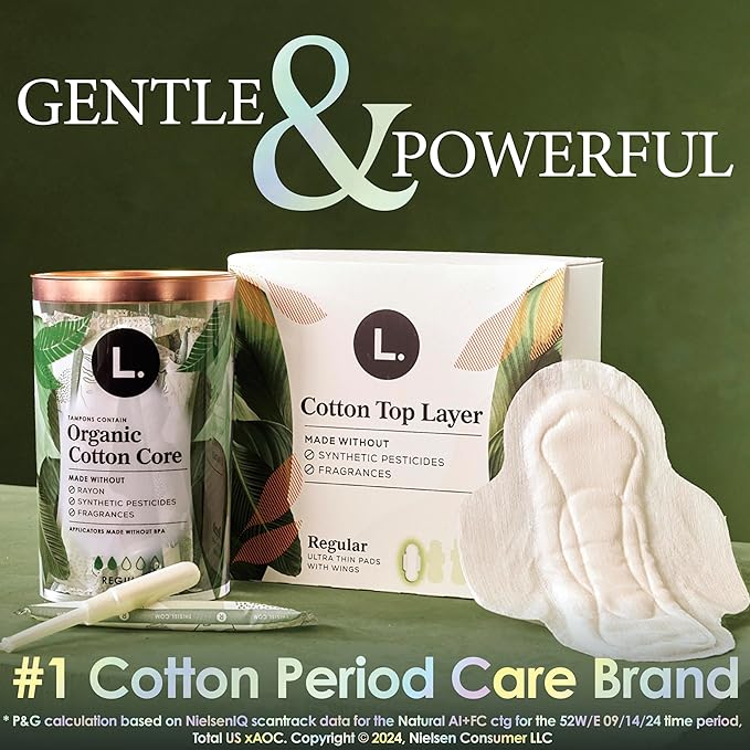 L. Ultra Thin Pads for Women Overnight Absorbency Organic Cotton Top Layer Unscented Pads with Wings 96 Count (4 Packs of 24)