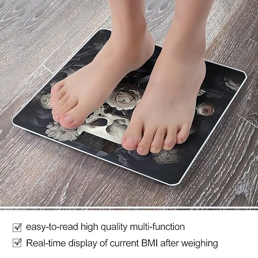 Digital Bathroom Scale for Body Weight Scale with Bright LCD Display High Accuracy Step-On Technology Auto On/Off Black and White Flowers and Skull Digital Scales 400 Lbs /180kg