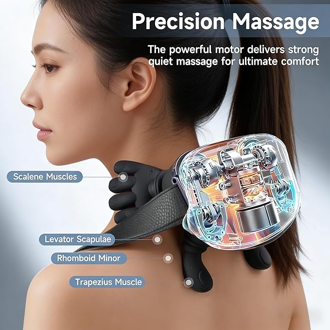 Neck Massager with Heat 4D Shiatsu Neck and Shoulder Massager with Hands &amp Fingers Bionic Hand-Like Kneading Deep Tissue Relief Wireless Portable for Home Office Travel Gift for Men Women (Bl