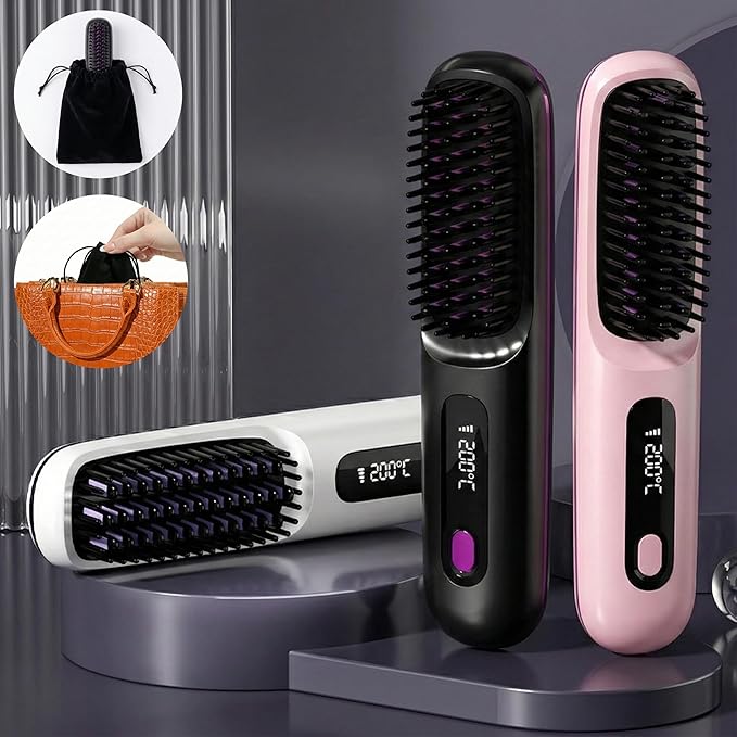 Cordless Hair Straightener Brush with 199M Negative Ions Portable Mini Straightening Comb for Travel 20s Fast MCH Ceramic Heating LCD Display Hair Tools with Bonus Storage Pouch