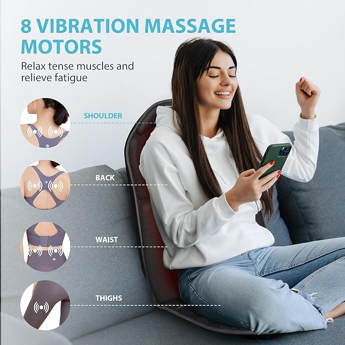 Back Massager Chair Pad Back Massager with Heat 5 Vibration Modes &amp 2 Heat Levels Massage Seat Cushion Electric Massage Pad for Back Pain Relief Christmas Gifts for Dad Men Mom Women