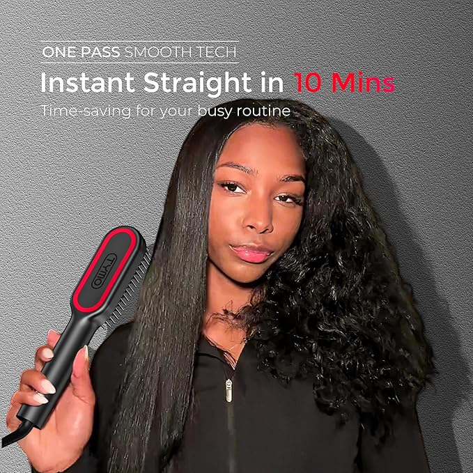 TYMO Hair Straightener Brush - Upgraded Ionic Compact Straightening Brush for Women with Wave-Design Bristles Fast Smooth Styling Lightweight Hot Comb &amp Travel Flat Iron 1 Billion Ions Black