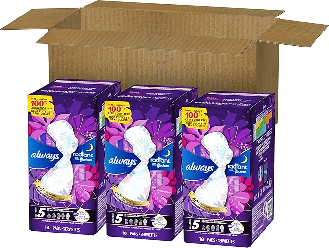 Always Radiant Feminine Pads for Women Flexfoam Pads with Wings Size 5 Extra Heavy Overnight Absorbency Lightly Scented 54 Count (3 Packs of 18)