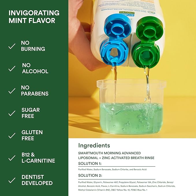 SmartMouth Advanced Liposomal Morning Mouthwash - All-Day Fresh Breath - Vitamin B12 &amp L-Carnitine - Dual-Solution Zinc-Activated Morning Mouthwash - Invigorating Mint Flavor - 16 fl oz Each 2-Pa