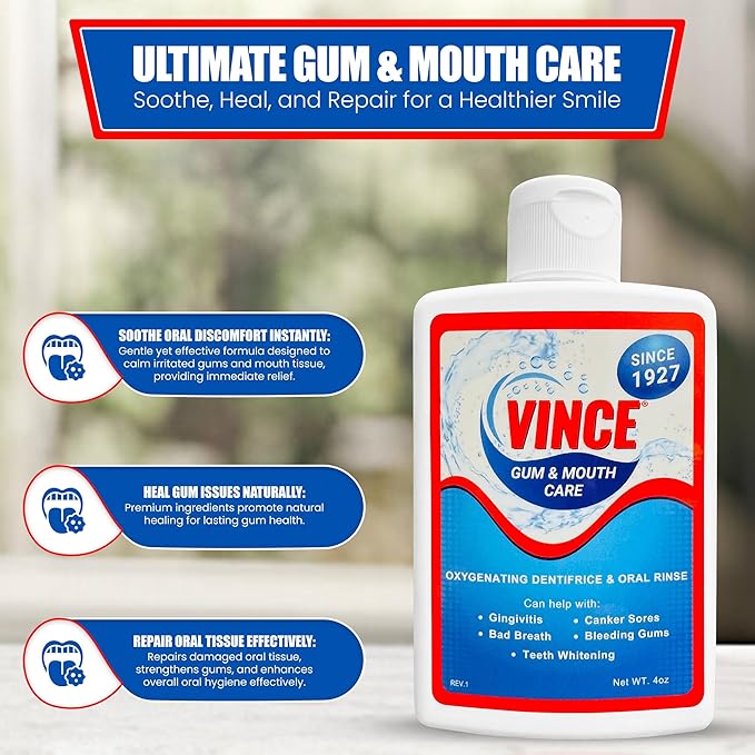 Vince Gum &amp Mouth Toothpaste Powder - Dentifrice &amp Mouthwash - Cavity Prevention - Gingivitis - Irritated Bleeding &amp Receding Gums - Canker Sore - Bad Breath - Inflammation - Tonsil Stone