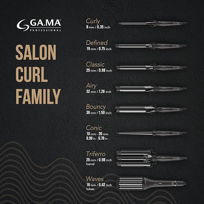GA.MA Salon Waves LED Curling Iron Adjustable 4‑Size Titanium Wave Barrels (0.67–0.98″) LED Display Auto‑Off Dual Voltage