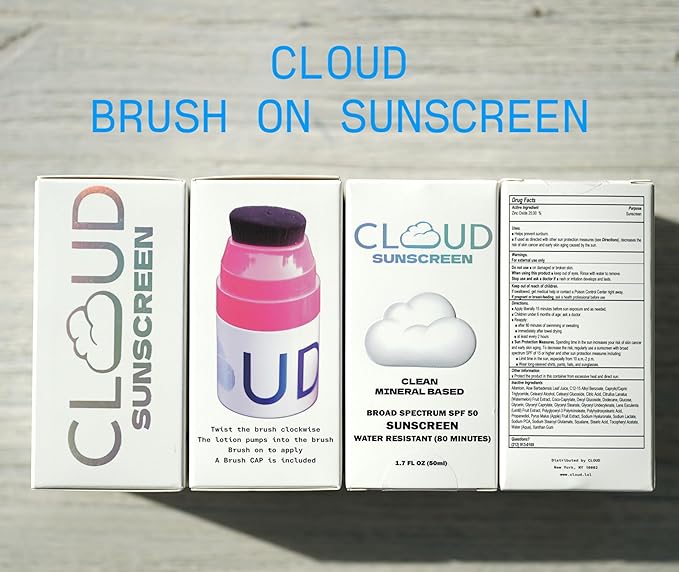 CLOUD Brush on Mineral Sunscreen Lotion - SPF 50 - No-Mess Applicator for Kids Babies &amp Family - Reef Safe Non-Nano Zinc Oxide No Messy Hands Blends Clear Fragrance Free Moisturizing.