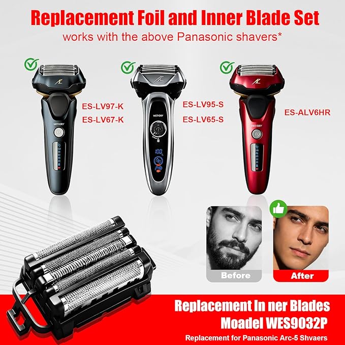 2Pack Replacement Blades and Foil Compatible with Panasonic ARC5 5-Blade Shavers Compatible with WES9032P ES9032 ES9034 ES9036 ES9038 Fits Models ES-LV61 ES-LV65 ES-LV67 ES-LV95 1Cleaning Brush
