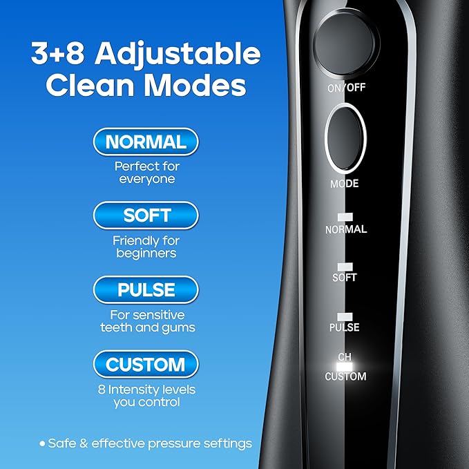 Nicwell Water Dental Flosser for Teeth - 4 Modes &amp 11 Pressure Settings Cordless Portable Oral Irrigator IPX7 Waterproof Rechargeable with 5 Tips for Braces Cleaning Travel Deep Teeth Cleaning