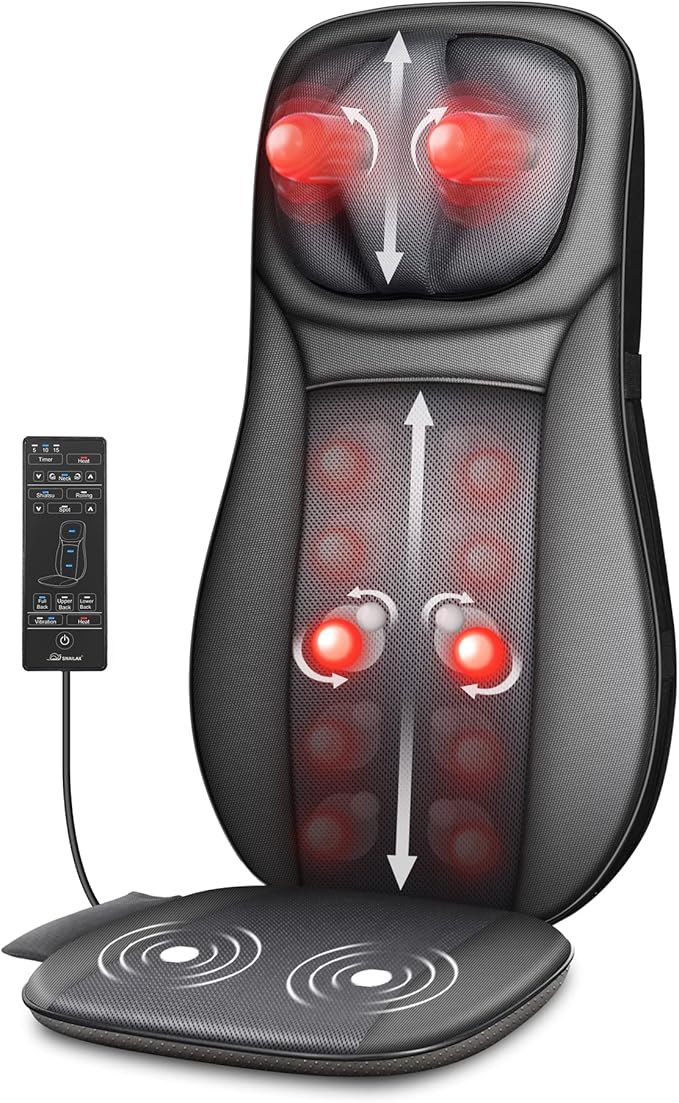 Snailax shiatsu Neck &amp Back Massager with Heat Full Back Kneading Shiatsu or Rolling Massage Massage Chair pad with Height Adjustment Back Massager for Neck and Shoulder