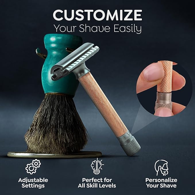 Parker THE VARIANT CLOSED COMB - ADJUSTABLE Double Edge Safety Razor Customize your Shave with a Turn of the Dial from Mild to Aggressive - 5 Blades Included (ROSE GOLD)