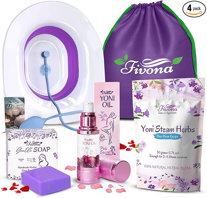 FIVONA Yoni Care Kit 6 in 1 - pH Balanced Natural Yoni Oil Herbal Soap Bar for Feminine Wash Detox V Steam Herbs Blue Moon Foldable Sitz Bath Steam Pot Hand Flusher and Drawstring Storage Bag