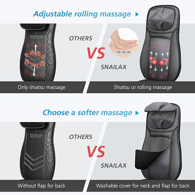 Snailax shiatsu Neck &amp Back Massager with Heat Full Back Kneading Shiatsu or Rolling Massage Massage Chair pad with Height Adjustment Back Massager for Neck and Shoulder