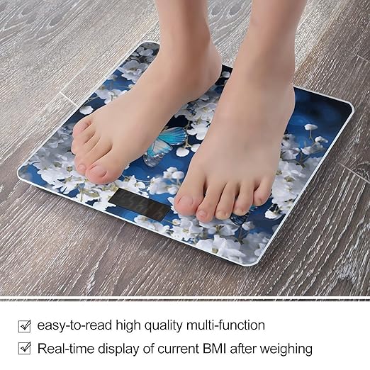 Blue Butterflies White Flowers Bathroom Scale for Body Weight Bathroom Weighing Scale with Backlit LCD Display Highly Accurate Measures Weight Up to 180kg